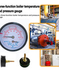 Replacement Boiler Gauge For Tridicator Two And A Half Inch Dial NPT With 1.5 Inch Stem Bronze Build Temperature Range Seventy To Three Hundred Twenty Fahrenheit And Zero To Seventy Five PSI With Pro Adjustable Red Pointer.