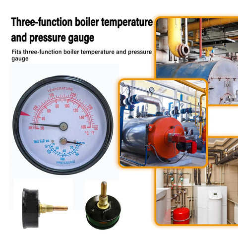 Replacement Boiler Gauge For Tridicator Two And A Half Inch Dial NPT With 1.5 Inch Stem Bronze Build Temperature Range Seventy To Three Hundred Twenty Fahrenheit And Zero To Seventy Five PSI With Pro Adjustable Red Pointer.