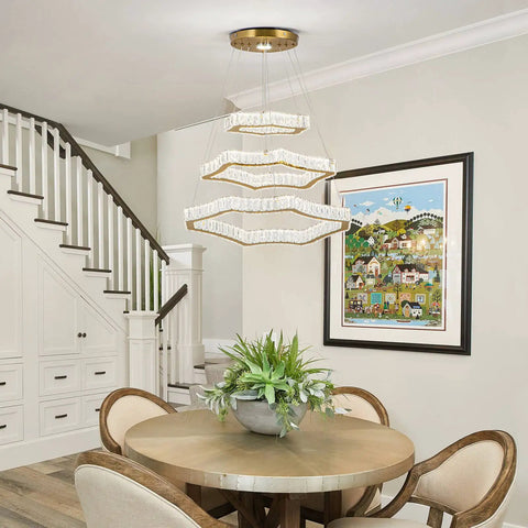 Lit Crystal Rings LED Chandelier With Integrated LED Strips Stainless Steel Frame Modern Hanging Ceiling Light for living room.