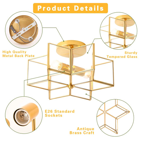 Two Light Star Ceiling Light With Glass Shade In Modern Brass Finish Close To Ceiling Flush Mount Fixture Product Details