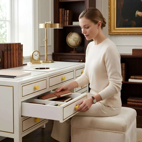 Woman using a white desk with a solid aluminum cabinet knob, featuring a sleek sunflower yellow matte finish.