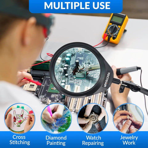 10X Magnifying Desk Lamp With 96 LEDs, 5 Inch Real Glass Lens shown illuminating electronic circuit board for repairs