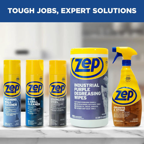 Cleaning products including oven cleaner, degreasing wipes, and sprays on countertop with 'Tough Jobs, Expert Solutions' banner.