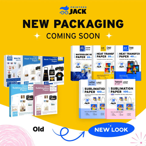 New packaging design announcement for Printer's Jack transfer paper products, featuring updated product boxes and graphics.