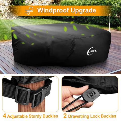 Heavy Duty Waterproof Patio Furniture Covers For Table And Chairs Set All Weather Protection UV Resistant No Tears Or Fading 110 Inch Long By 84 Inch Wide By 28 Inch High Durable 420D Fabric on patio with buckles and drawstring.