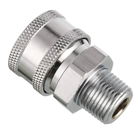Close-up of chrome high-pressure ball valve adapter for power washer hose with 3/8 inch quick disconnect, 4500 PSI.