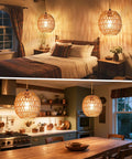 Handcrafted Rattan Pendant Light With Extended Plug In Cord And Simple Toggle Switch Brings Chill Weekend Vibes To Your Cozy Bedroom Or Living Room Egg Shade Fixture hanging above a bed and kitchen table.