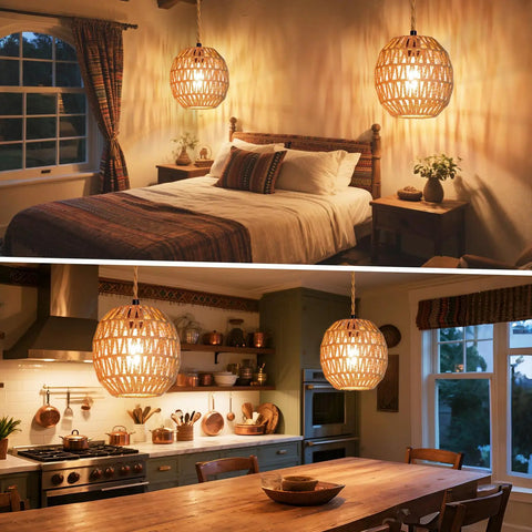 Handcrafted Rattan Pendant Light With Extended Plug In Cord And Simple Toggle Switch Brings Chill Weekend Vibes To Your Cozy Bedroom Or Living Room Egg Shade Fixture hanging above a bed and kitchen table.
