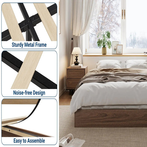 Rock Solid Wooden Queen Platform Bed Frame With Sleek Modern Lines And A Warm Natural Wood Finish Effortless Assembly Straight Up Bedroom Refresh Essential That You Are Gonna Love Daily close-up of sturdy metal frame and easy assembly details.
