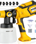 Top Tier 1000W HVLP Electric Paint Sprayer With Beast Mode Motor showing sprayer, 1400ml cup, and six interchangeable nozzles.