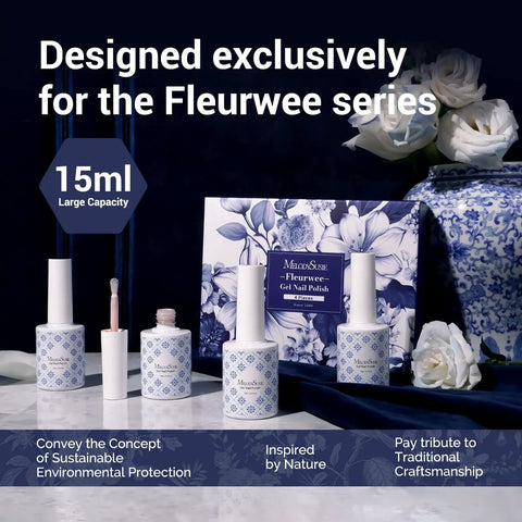 Fleurwee Plant Based Gel Nail Polish Kit Four Piece Set With 21 Pink Shades Hema Free Non Toxic shown with floral design box