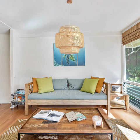 Living room with Hand Woven Bamboo Pendant Light With Natural Rattan Basket Shade Dope Beige Bamboo Chandelier
