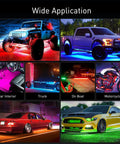 Six Piece Dope Underglow Neon Accent Strip Lights with 300 LEDs RGB on various vehicles showcasing multi-color effects