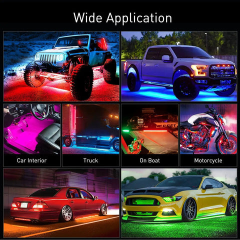 Six Piece Dope Underglow Neon Accent Strip Lights with 300 LEDs RGB on various vehicles showcasing multi-color effects