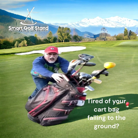 Golfer picking up fallen bag, showcasing Cart Bag To Stand Conversion Kit With Lightweight 8oz Aluminum Attachment on course