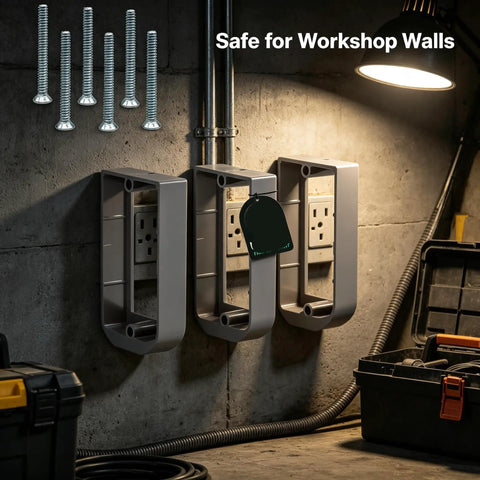 Three Quarter Inch Single Gang Outlet Box Extender Ul Listed Flame Retardant Electrical Spacer With Patented Flange For Snug Flush Wall Fit on workshop wall.