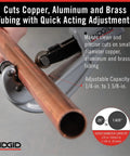 Fast Acting Tubing Cutter 1/4 To 1-5/8 Inch for copper, brass, and aluminum tubing in use, showing ergonomic XCEL knob and I beam construction.