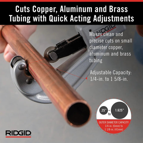 Fast Acting Tubing Cutter 1/4 To 1-5/8 Inch for copper, brass, and aluminum tubing in use, showing ergonomic XCEL knob and I beam construction.