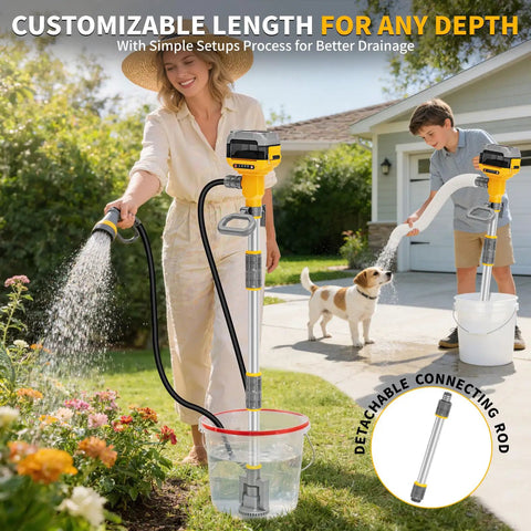 Couple using 20V Battery Powered Water Transfer Pump Cordless Go Anywhere Stick Pump With 37 Inch Hose And Detachable Rod 800 GPH