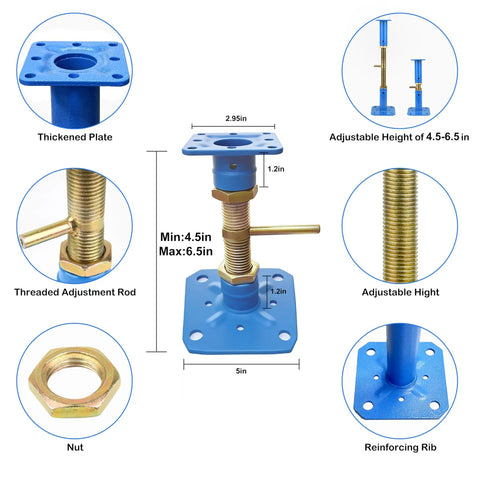 Heavy Hitter House Jacks For Permanent Leveling Built Like A Tank Adjustable Screw Support Post 10000lb blue steel details with measurements.