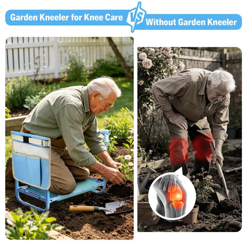 Heavy Duty Garden Kneeler And Seat 2In1 Foldable Stool with widened thick kneeling pad and tool pouches used for gardening.
