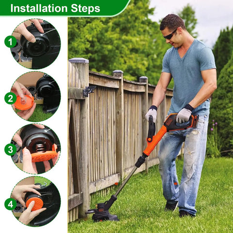 Replacement Spool Cover Cap Set For Trimmer Models GH600 GH610 GH900 And Similar Fits Includes 3 Caps And 3 Springs Red Built To Last Weed Eater Cap Replacement For Your String Trimmer with installation steps shown and man using trimmer.