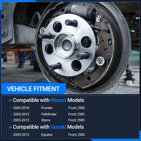 Close-up of installed Front Wheel Bearing And Hub Assembly Replacement For 2WD 6 Lug With ABS Compatible With Nissan Frontier 2005 To 2018