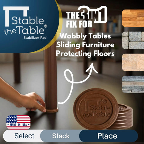 No More Drifting Or Bouncing Heavy Duty Furniture Leveler Pads Fix Wobbly Tables And Chairs Featuring Grippy Rubber applied under table leg.