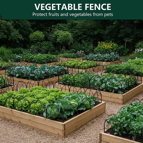 No Dig Garden Fence Barrier Set, 19 Piece Arch Metal Fence Panels in black installed around wooden garden beds