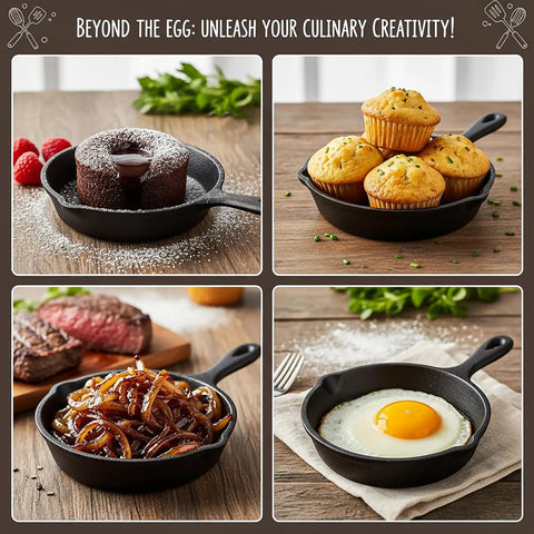 Four Pack Mini Cast Iron Skillets 4 Inch With Double Drip Spouts, Stove Oven Grill Safe displayed with food examples