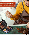 Pro Grade Beefed Up Leather Sewing Kit For Hand Stitching With Durable Needles, Waxed Thread, Awl, Thimble Ruler Toolkit in Use