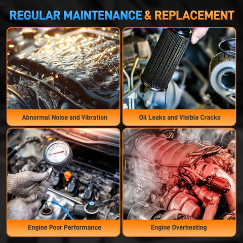 Visual chart showing four engine issues: noise vibration, oil leaks, poor performance, and overheating with images.