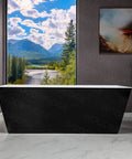 Contemporary 67 Inch Freestanding Acrylic Soaking Bathtub With Matte Black Drain And Overflow Deep Luxury Spa Tub For Modern Bathrooms in scenic setting.