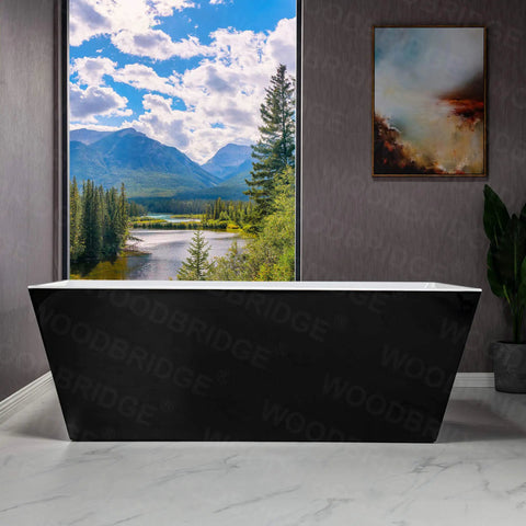 Contemporary 67 Inch Freestanding Acrylic Soaking Bathtub With Matte Black Drain And Overflow Deep Luxury Spa Tub For Modern Bathrooms in scenic setting.