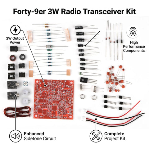 Rad Forty Nineer 3W CW Shortwave Transmitter Receiver Kit components layout for DIY enthusiasts with low power consumption. 