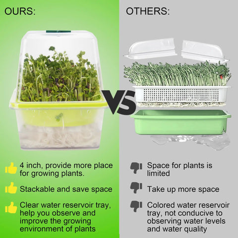 Comparison of 4 Pack Microgreen Sprouting Trays Kit with Humidity Domes versus other tray types, highlighting space efficiency.