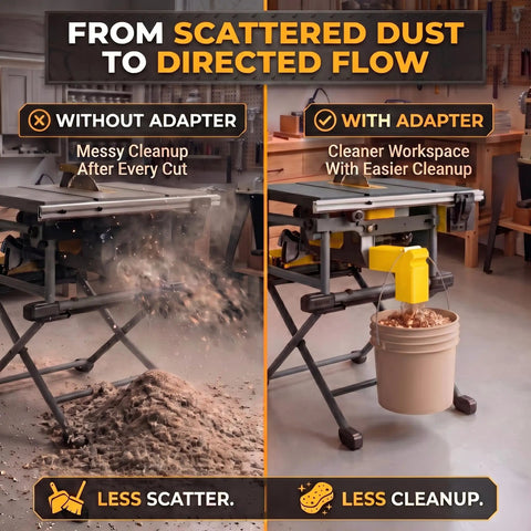 Comparison of Heavy Duty Table Saw Dust Collection Adapter With Universal Hose Connector showing messy vs clean workspace.