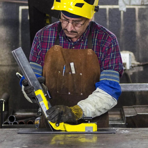 Front view of yellow welding magnet clamp with pivot angle adjustment and 200 lb hold