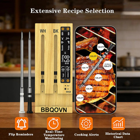 WiFi Sub 1G Wireless Meat Thermometer With 7 NIST Sensors Ambient Temp Dual Probes Digital Smart Base and App display