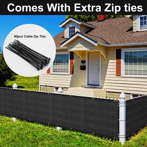 Heavy Duty Fence Privacy Screen 3ft X 50ft 150 GSM Mesh Windscreen With Brass Grommets For Outdoor Wall Deck Garden Backyard Porch Cable Ties Included Black Durable installed on a white fence