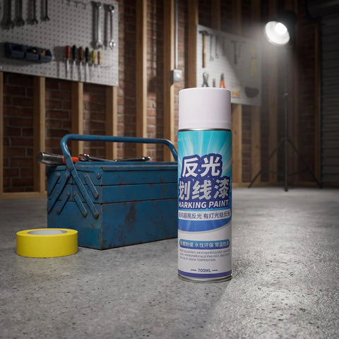 Uonlytech Reflective Hazard Marking Spray, Industrial Safety Warning Paint in a workshop with tools and tape.