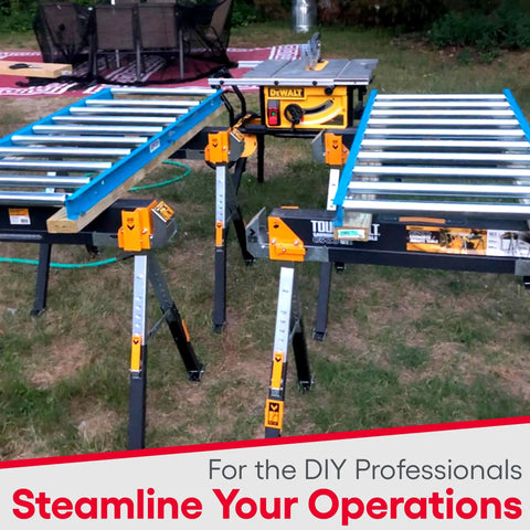 Light Duty Gravity Conveyor 18 Inch Wide By 5 Foot Long With Galvanized Steel Rollers set up for efficient DIY projects outdoors.