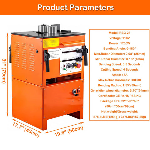 High Powered Electric Rebar Bender And Cutter With One Inch Capacity And 0 To 180 Degree Hydraulic Steel Bending driven by a 1700W motor, showing dimensions and features.