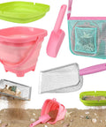 Ultimate Beach Treasure Hunt Kit For Kids And Families with foldable sand bucket, pink shovel, mesh carry bag, sifter tools.
