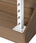 No Sweat Diy Steel Cable Railing System For Sleek Stair Handrails Pre Drilled Base Mount Kit Comes Fully Loaded With Hardware Ready For Instant Setup White 42 Inch close-up of steel post with cable mounts on brown deck.