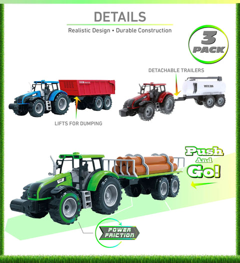 Image of Friction Powered Farm Tractor Trailer Toy Set 16 Inch Three Pack for Kids with Blue and Red Tractors and Green Log Truck.
