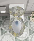 Quiet Close Resin Elongated Toilet Seat for Bathroom on white toilet with decorative gray and yellow design.