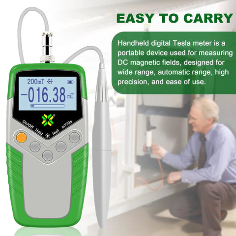 Digital Tesla Meter Gaussmeter for DC Magnetic Fields with backlit display, model TES11A, shown in use on equipment.