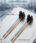 Two Pack H7 Headlight Wiring Harness With Female Wire Connector Pigtail Kit Featuring Pure Copper Terminals And Heat Tough Sockets close-up of plastic connectors with orange and blue wires.