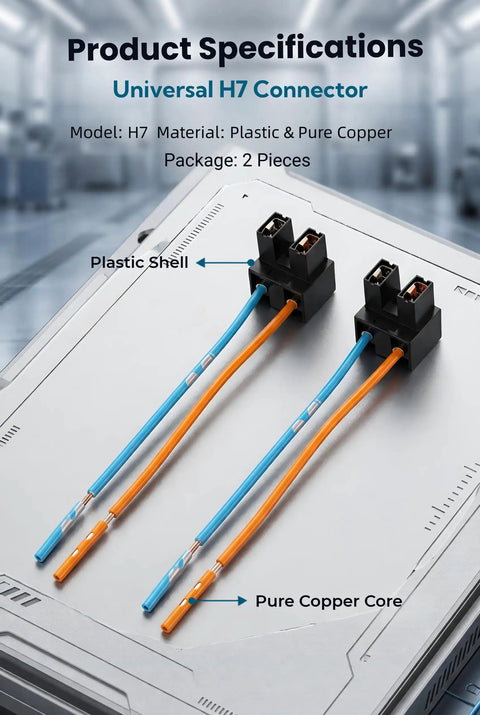 Two Pack H7 Headlight Wiring Harness With Female Wire Connector Pigtail Kit Featuring Pure Copper Terminals And Heat Tough Sockets close-up of plastic connectors with orange and blue wires.